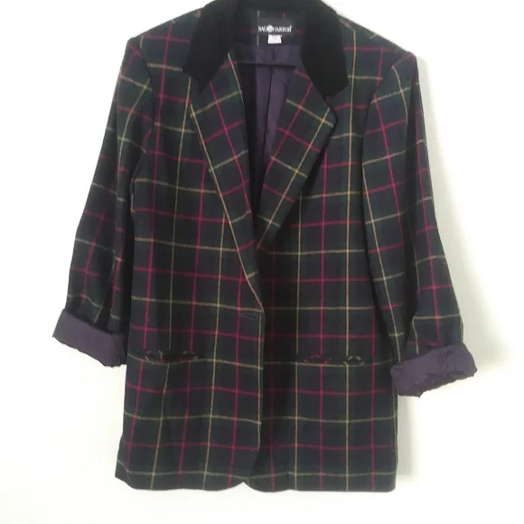 Vintage Wool Blend Plaid Blazer with Velvet Collar - Picture 3 of 8